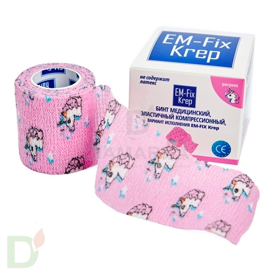 Бинт самофиксирующийся EM-Fix krep Розовый с единорогом, 5см*4,5м в Екатеринбурге